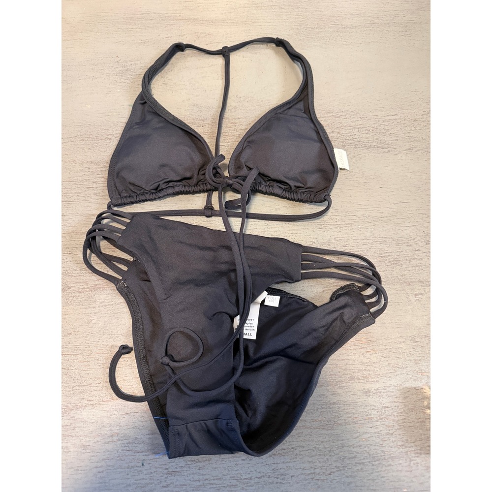 L*Space Black Strappy Bikini Set Triangle Top Full Cut Bottoms XS